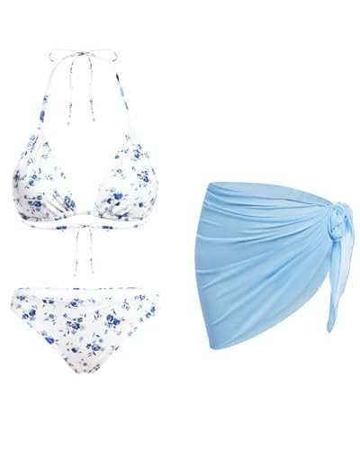 Blue Floral Women's 3 Piece Sexy Triangle Bikini Set with Sheer Mesh Sarong Cover Up - Halter Swimsuit for Beach Vacation 2026 S | Amazon (US)