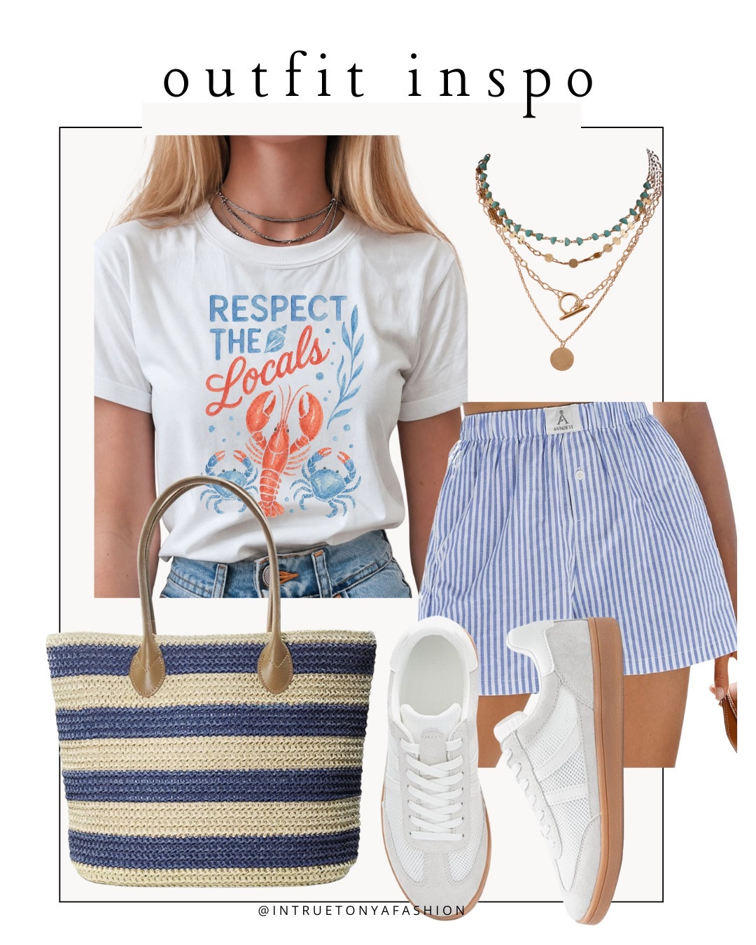 Beach vacation outfit — coastal graphic tee, striped boxer shorts, striped tote bag, layered necklace, and white sneakers 






vacation outfits, tropical outfits, beach outfits, beach clothes, resort wear 2026, summer outfits, beach vacation outfit, coastal style, coastal outfit, beach day outfit, Travel outfit

#LTKootd #LTKSaleAlert #LTKTravel