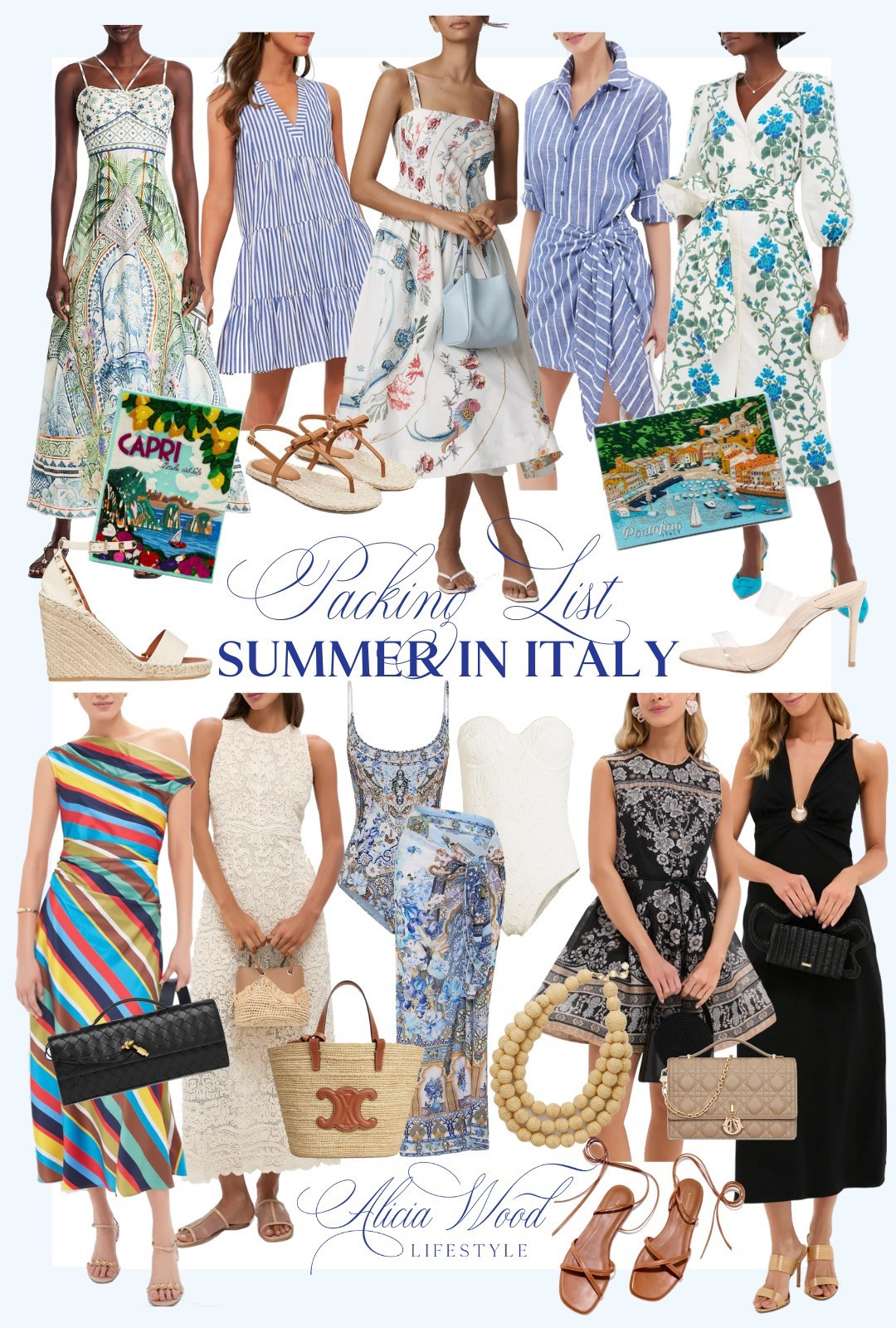 Packing List: Summer in Italy 

Printed linen maxi dress
Blue and white striped sleeveless  mini dress
Loro piona mini bale bag 
Chambray mini dress cotton poplin vine printed midi dress 
Studs silk striped on the bias midi dress
Lace midi dress 
Black stamp print peplum dress 
Black seashell midi dress 
Raffia layered necklace 
Raffia Celine tote
Margaux wrap sandal
Rockstud wedge espadrille
Transparent mule sandal 
Bow detailed sandal 
Bottega  andiamo  clutch
Capri book clutch Olympia le Tan 
 Tie strap printed midi dress
Palace print scoop neck rank swimsuit 
Palace print pareo
Portofino book clutch Olympia le Tan 
Miss Dior handbag
Eyelet seashell one piece swimsuit 
 
https://www.aliciawoodlifestyle.com/what-to-pack-for-italy-in-the-summer/

#LTKTravel #LTKStyleTip #LTKSummerEdit