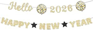 Pre Strung Glitter Hello 2026 Happy New Year Banner Decorations Gold New Years Eve Banner Sign Pa... | Amazon (US)