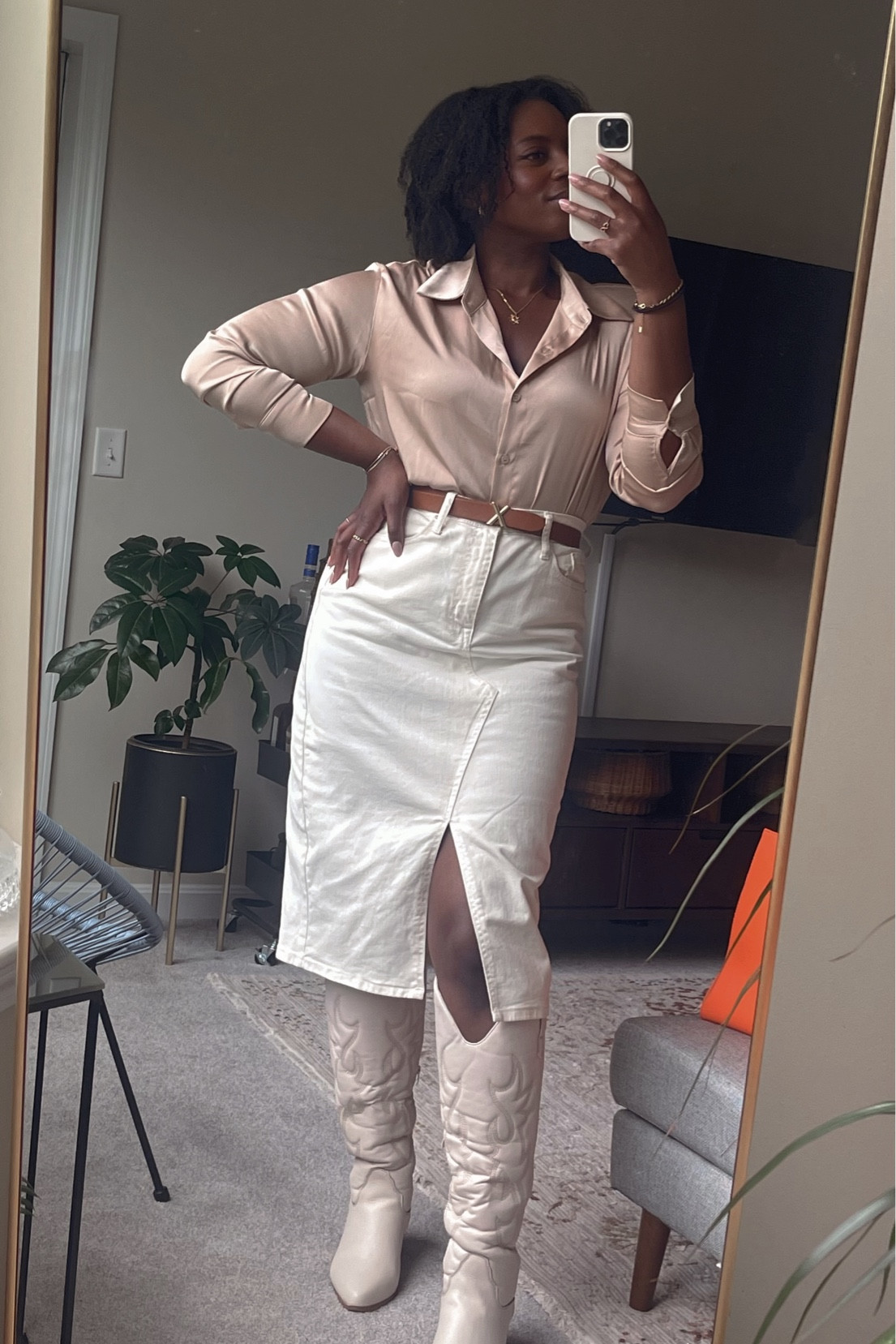 Cowboy boots office outfit. Long jean skirt satin workwear top 

#LTKshoecrush #LTKcurves #LTKstyletip