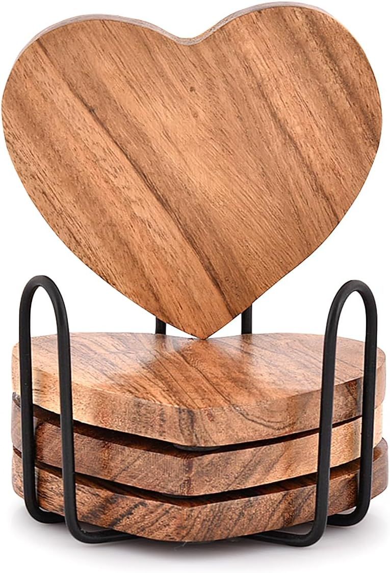 Samhita Acacia Wood Heart Shape Coaster Set of 4 with Iron Holder for Coffee Table Décor Housewa... | Amazon (US)