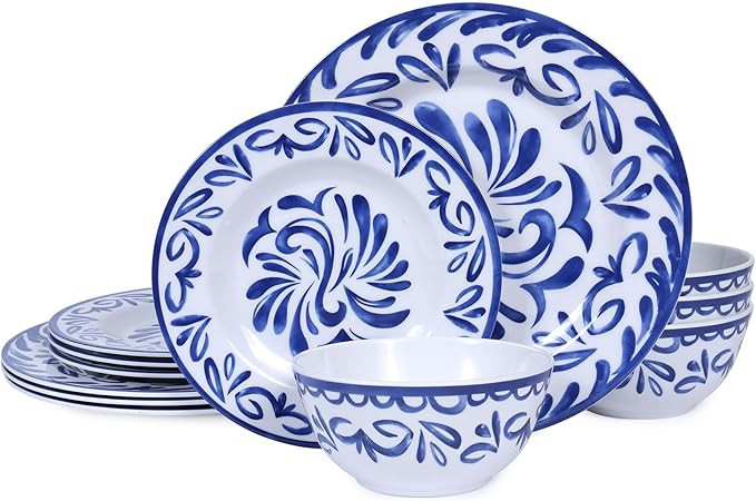 12-Piece Melamine Plates and Bowls Set - Blue & White Dinnerware Set， Service for 4, Lightweigh... | Amazon (US)