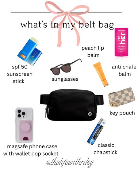 What’s in my belt bag 

The daily essentials that are always with me in my lululemon belt bag 

☀️sunscreen stick 
🕶️ sunglasses 
📱 phone with pop socket wallet 
💄 chapstick 
🍑 peach lip balm
🔑 lv key pouch there’s a few on fashionphile these have been hard to get since they got discontinued 
🧜🏻‍♀️ anti chafe stick because is mermaids have to worry about that 