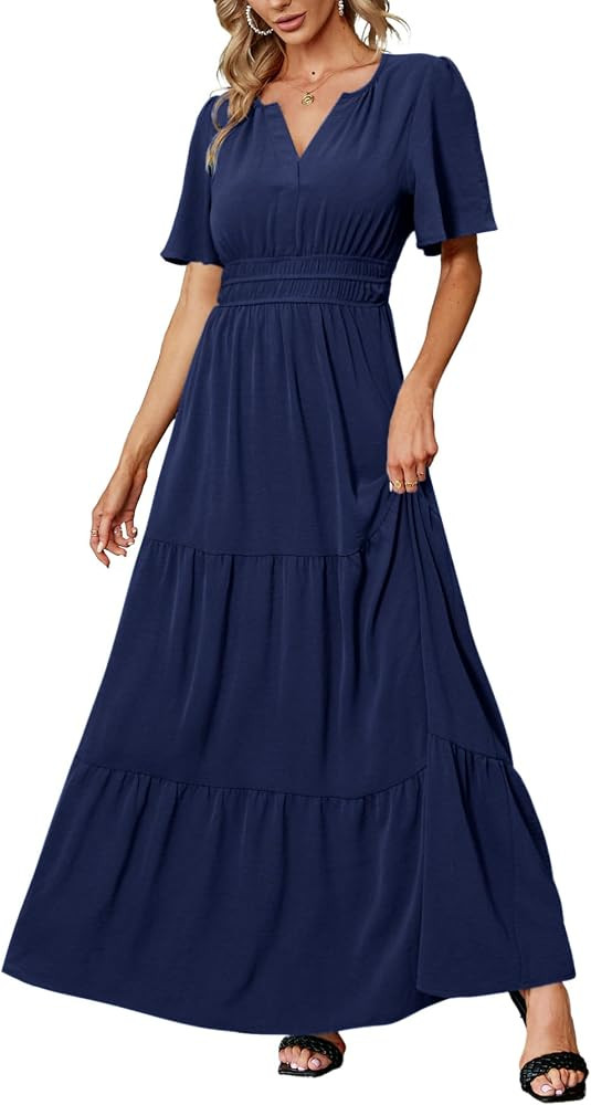 Amegoya Women's Summer Boho Maxi Dresses Casual V Neck Short Sleeve A-line Empire Waist Long Flow... | Amazon (US)
