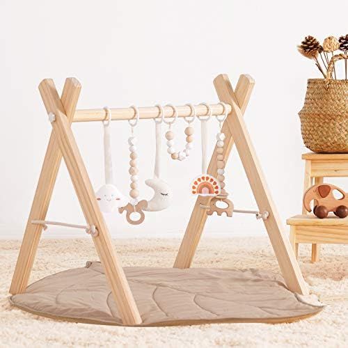 little dove Wooden Baby Gym with 6 Gym Toys Foldable Play Gym Frame Activity Gym Hanging Bar Baby De | Amazon (US)