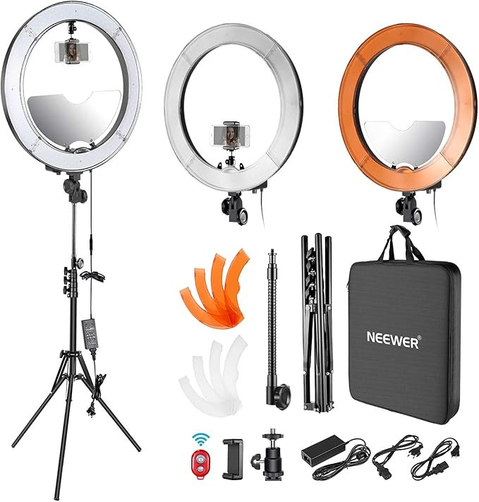 Neewer LED Ring Light 18-inch Outer Diameter with Top/Bottom Dual Hot Shoe, Mirror, Smartphone Ho... | Amazon (US)