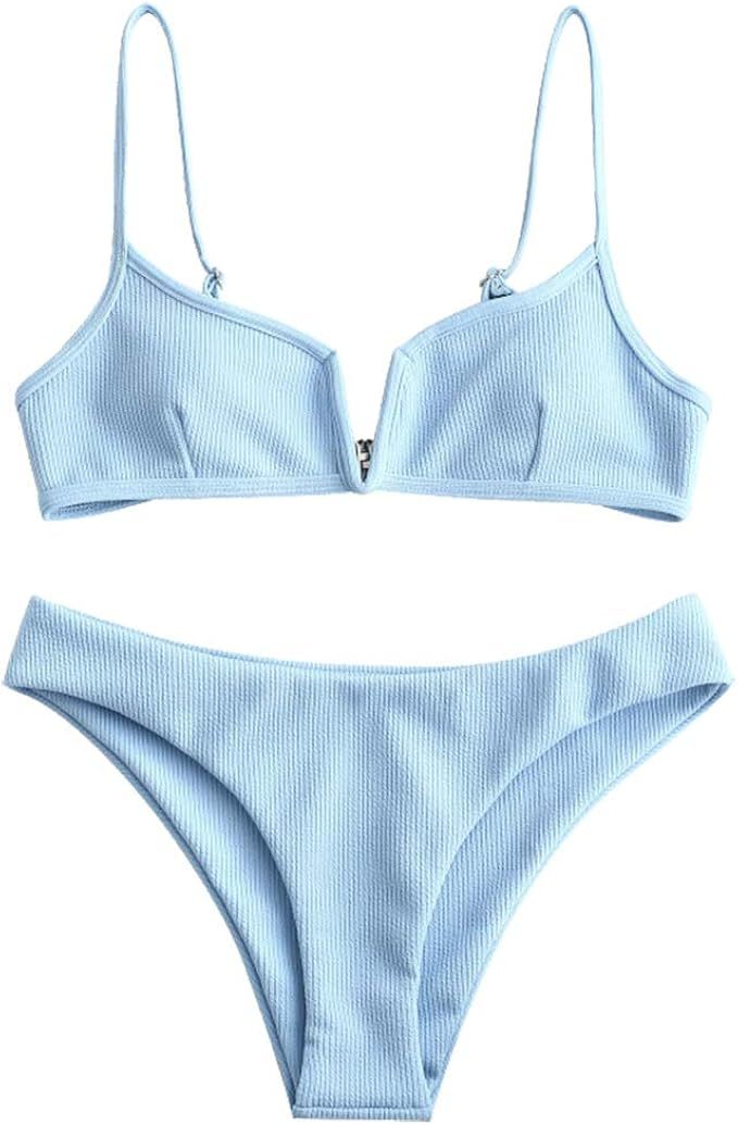 ZAFUL Women's V-Wire Padded Ribbed High Cut Cami Bikini Set Two Piece Swimsuit | Amazon (US)