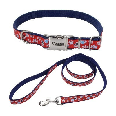 Coastal Pet Ribbon Dog Leash Set - Patterned Dog Leash (5/8" x 6') & Patterned Dog Collar (5/8" x 12"–18") - Red with Paws | Target