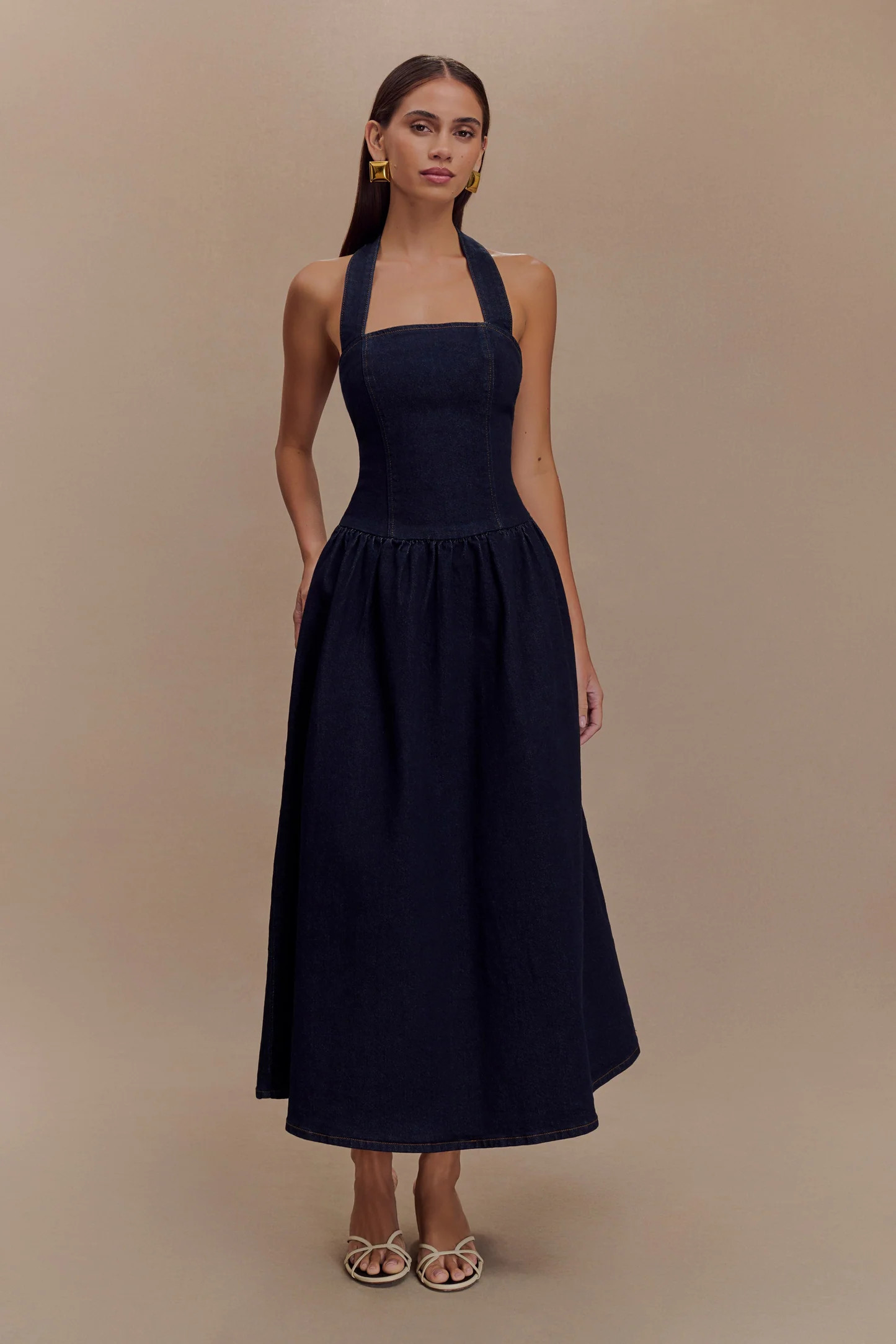 Denim Halter Midi Dress - Indigo Blue | MESHKI US
