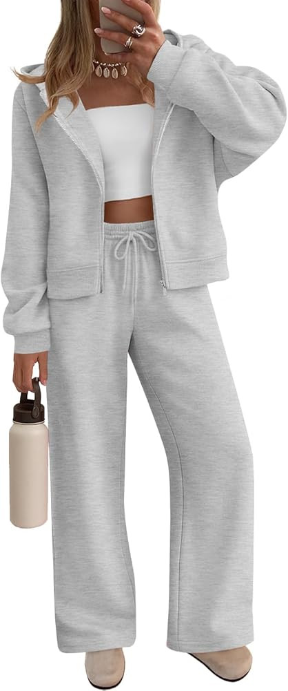 ZESICA Women's 2 Piece Outfits 2025 Fall Winter Fleece Hoodie Tracksuit Zip Up Sweatshirt Long Sw... | Amazon (US)