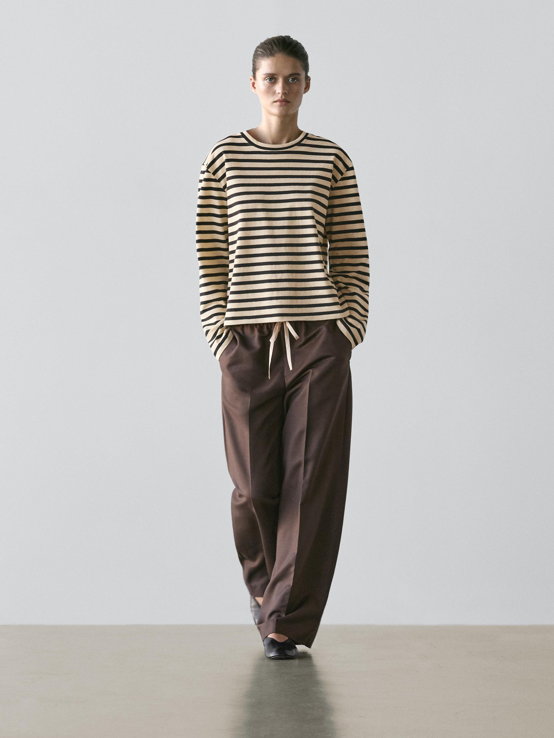 Wool blend contrast drawstring trousers | Massimo Dutti UK