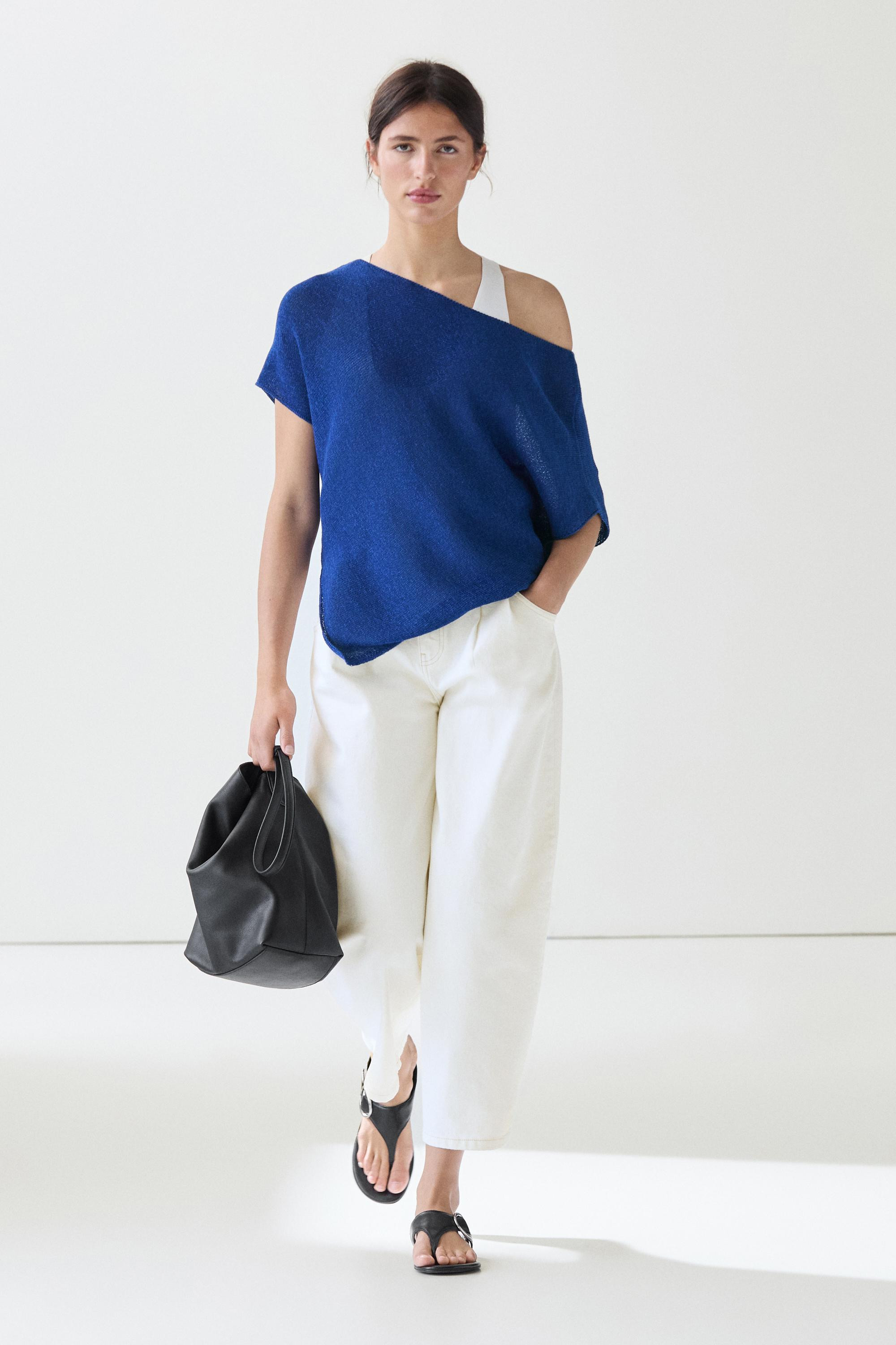 Asymmetric short sleeve linen T-shirt | Massimo Dutti US