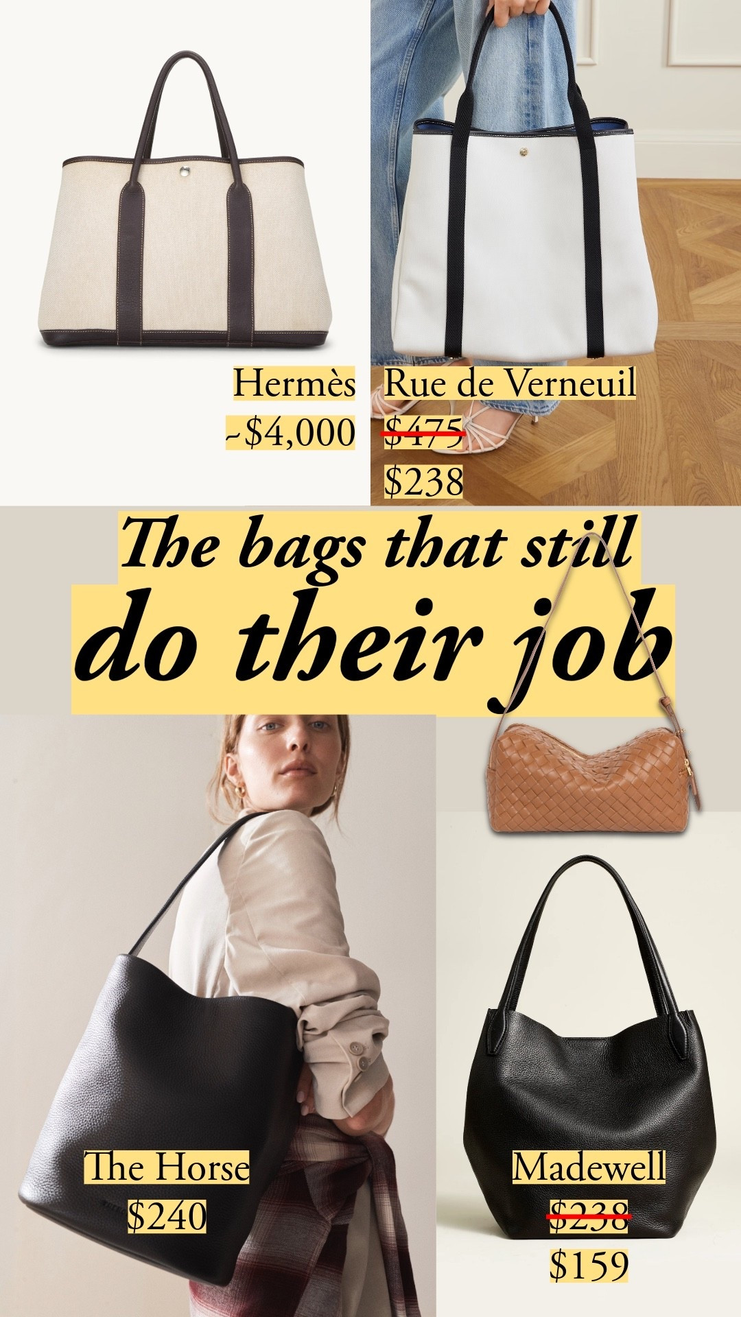 Bags built like they still have a job: leather that supports their shapes, straps designed with intention, leathers that would be at home with anyone who grew up with saddles. I'm so excited to see this Madewell tote at the sale! It is so impressive in person. The handles have padding you'd see at much higher prices, and the leather's texture reflects light beautifully. It's large enough for your work necessities, and it's cool enough to be your weekend time off bag, too. The Horse's simple designs require supple yet substantial leather, and that's exactly what they use. Rue de Verneuil give you a luxe take on Hermès' Garden Party without looking like a Amazon dupe: notice the skinny round handles, the leather trim, the canvas that holds its shape. Elleme uses the same soft weaving technique that vaulted Bottega Veneta to the legendary status we know today. Manu Atelier's belt bags are the only ones I recommend for that Birkin-esque look because their materials + craftsmanship truly showcase a compelling vision.

#LTKootd #LTKWorkwear #LTKSeasonal