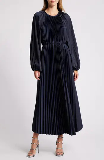 Pleated Long Sleeve Midi Dress | Nordstrom