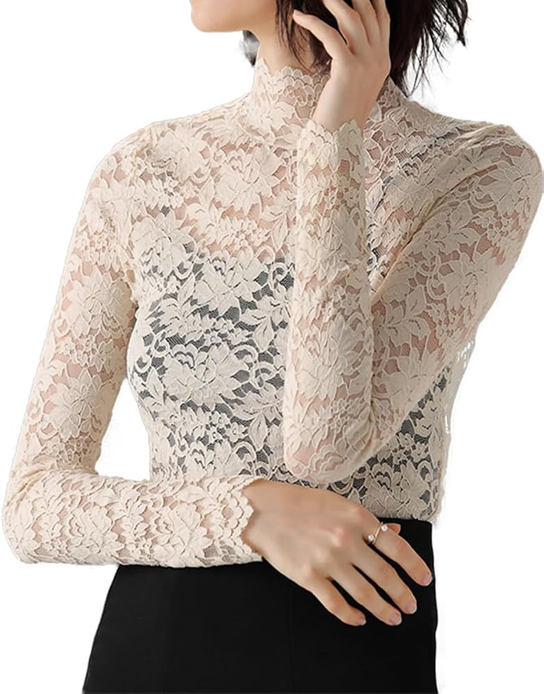 Women Floral Summer Lace Top Eyelash Trim Sexy Long Sleeves Plus Size Casual Dressy Shirt with Ca... | Amazon (US)