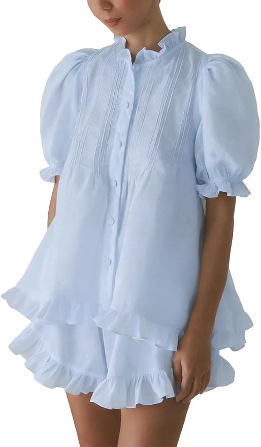 Women's Ruffle Short Set Puff Sleeve Button Down 2 Piece Outfits | Amazon (US)