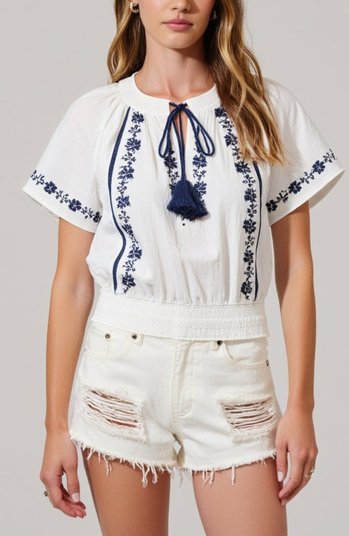 Modenaire Short-Sleeve Embroidered Peasant Blouse in White /Blue at Nordstrom, Size Small | Nordstrom