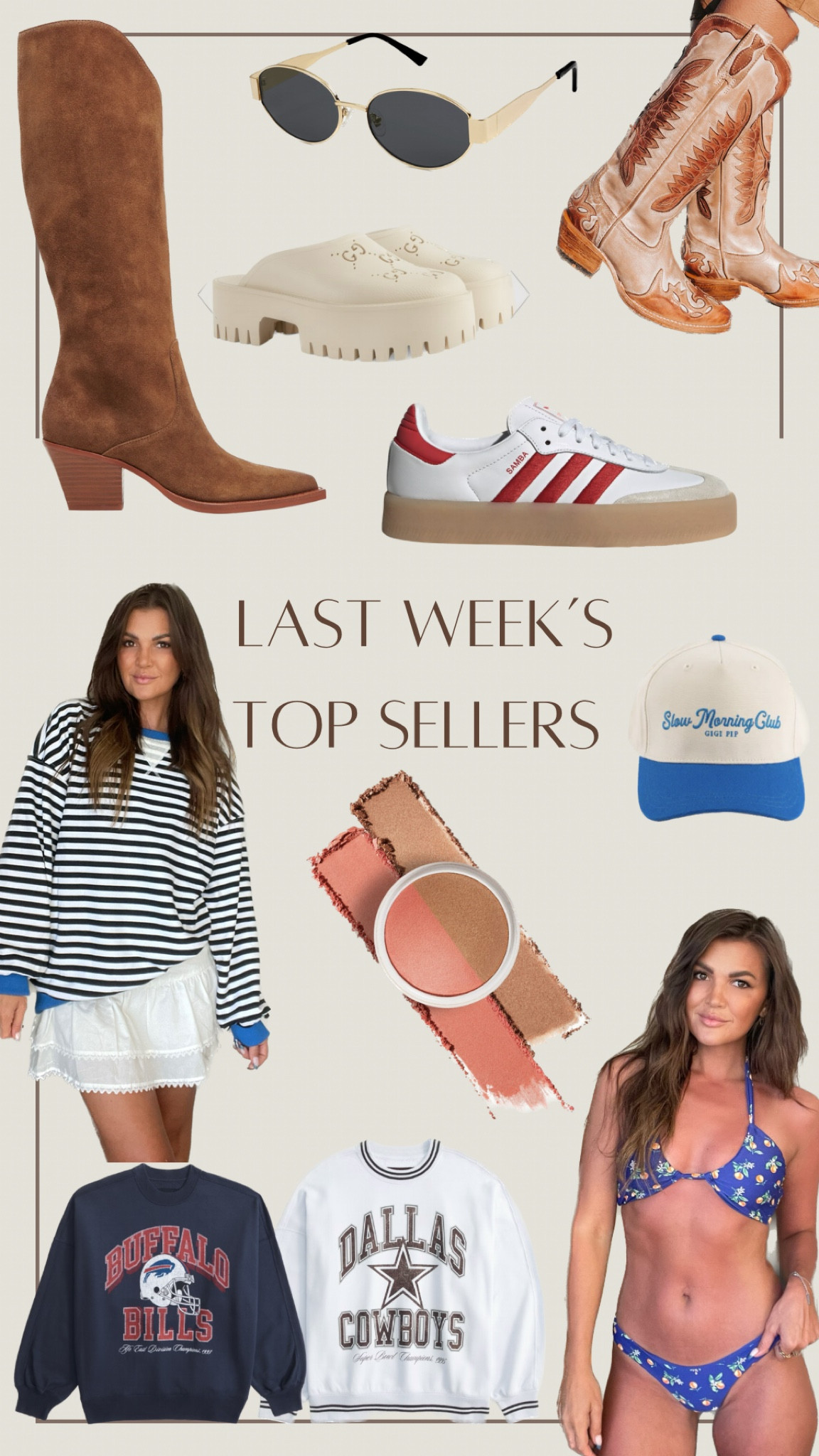 Last Week’s Top Sellers:
1. Amazon FP lookalike sweatshirt 
2. Amazon Sunglasses 
3. Lovers and Friends Hina Bikini 
4. Dibs Duet Blush in Starstruck
5. Gigi Pip Trucker Hat - Code: Kristin15 
6. Dolce Vita Raj Suede Boots 
7. Freebird Willie Cowgirl Boots 
8. Adidas Sambae in Red
9. Lookalike GG Clogs
10. Abercrombie NFL Sweatshirts



#LTKStyleTip #LTKSwim #LTKShoeCrush