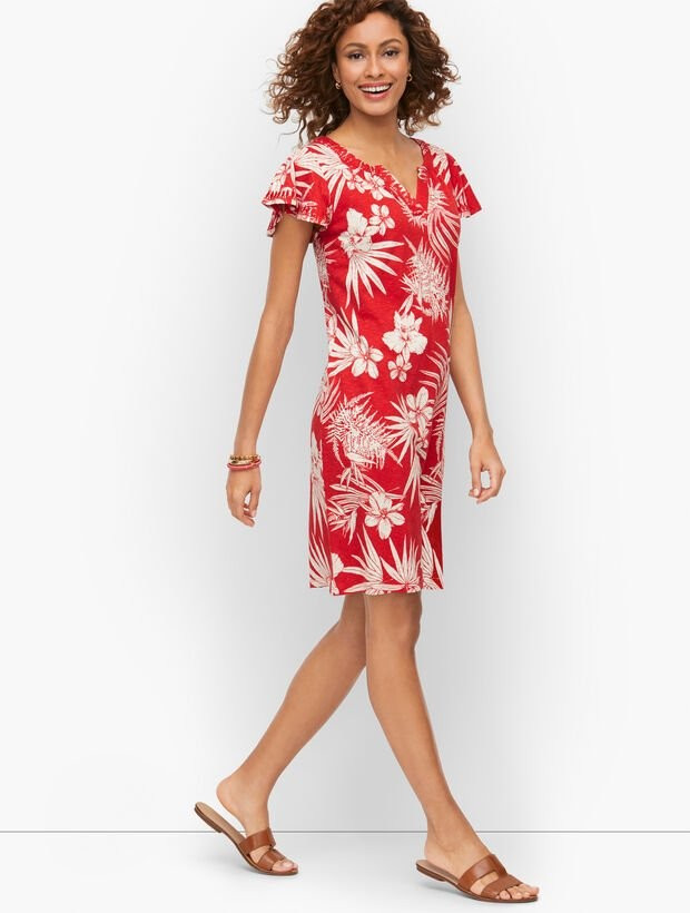 Flutter Sleeve Embroidered Shift Dress - Tropical Print | Talbots