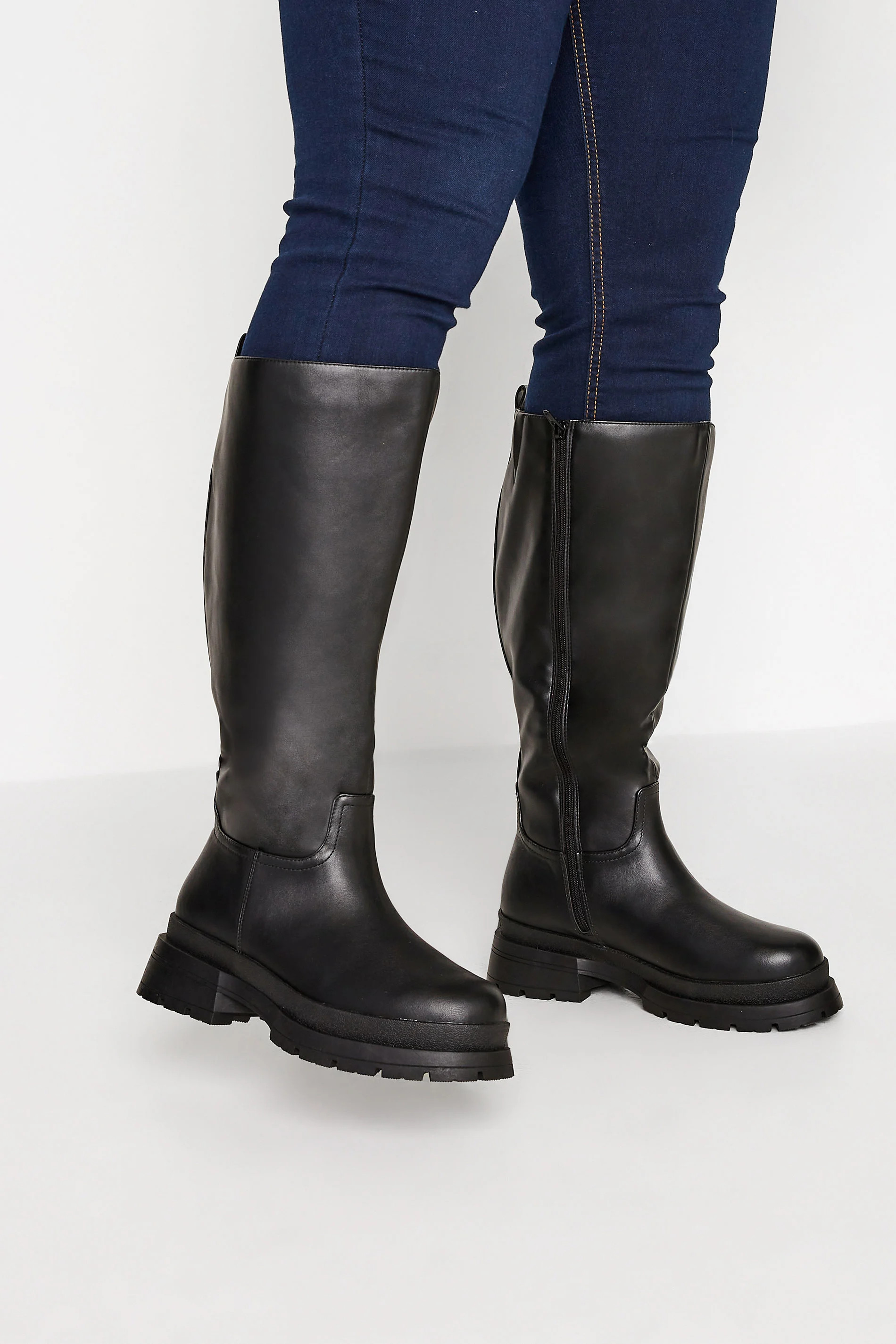 LIMITED COLLECTION Black Faux Leather Pull On Knee High Boots In Extra Wide Fit | Yours Clothing UK