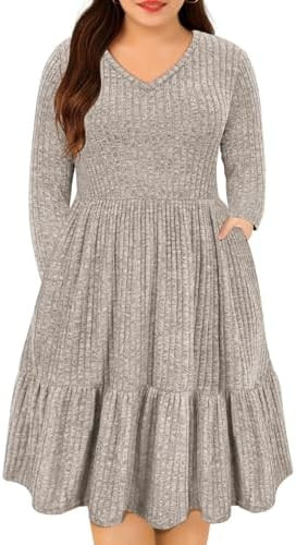 CARCOS Plus Size Dresses for Curvy Women Crew/Vneck Long Sleeve Dresses Ladies Knee Long Fall Win... | Amazon (US)