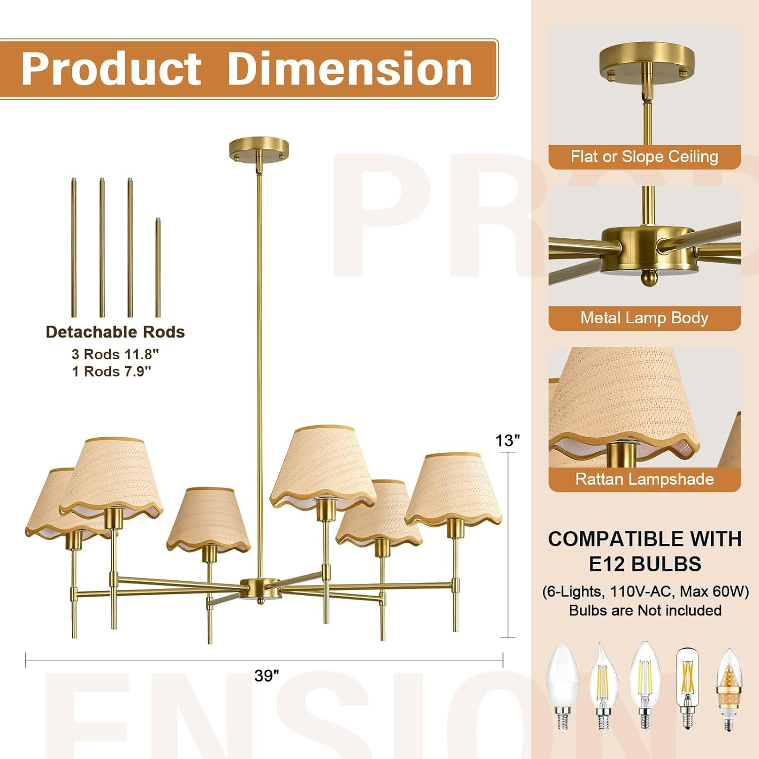 6-Light Boho Rattan Chandelier, 39 Inch Rattan Pendant Light Fixture with Hand-Woven Lamp Shade, ... | Amazon (US)