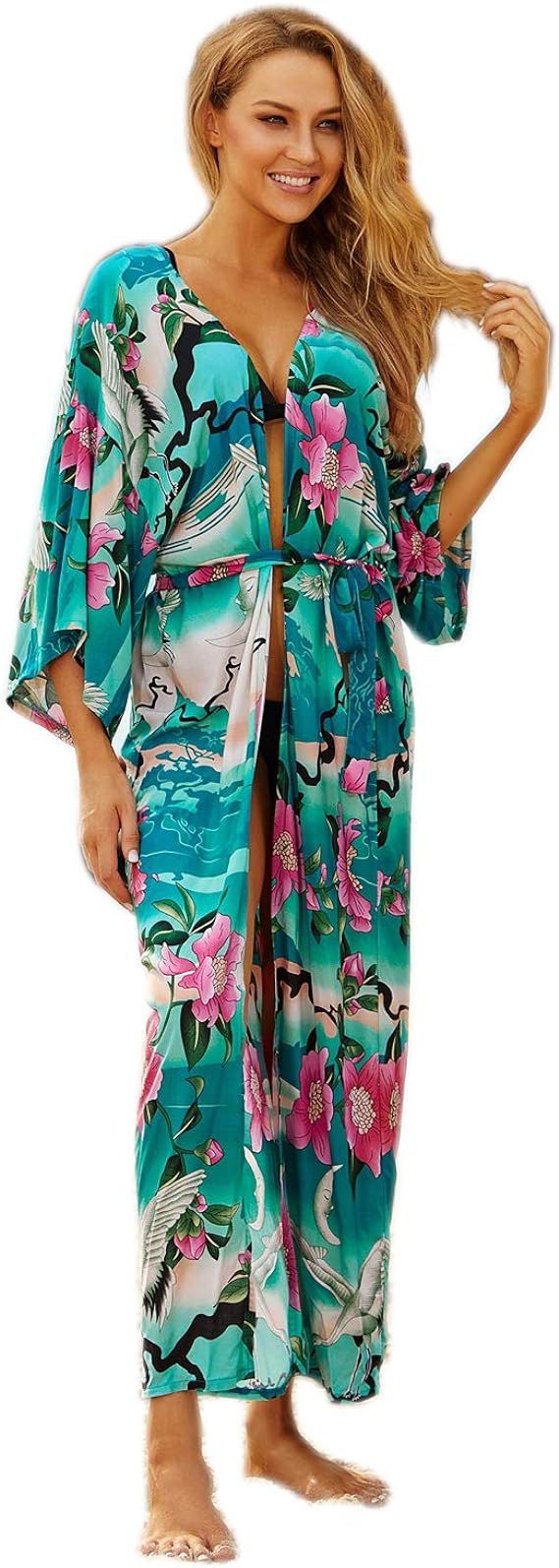 Floral Kimono Womens Kimono Robe Long Duster Loose Oversized Open Front Cardigan Beachwear Maxi D... | Amazon (US)