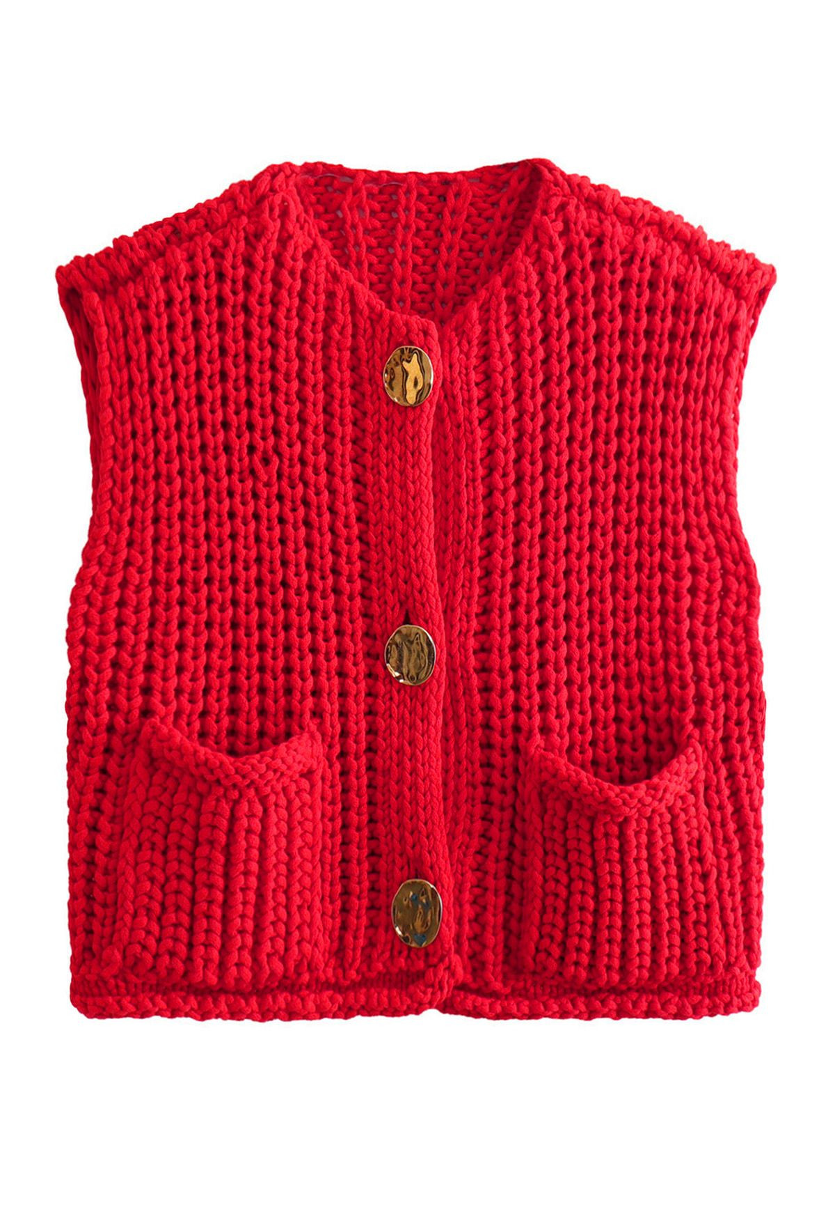 Bold Golden Buttons Patch Pocket Chunky Knit Vest in Red | Chicwish