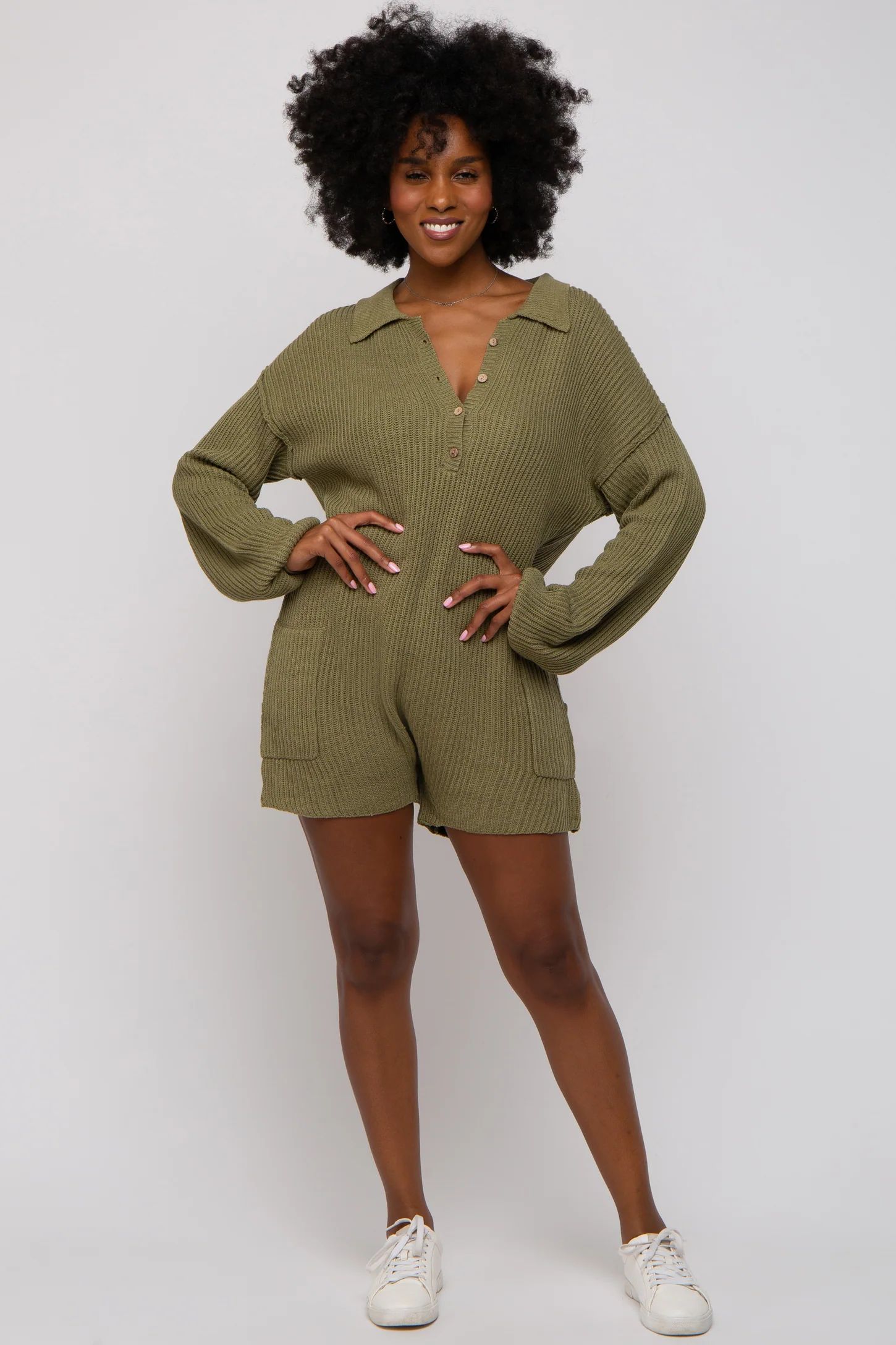 Olive Button Up Sweater Romper | PinkBlush Maternity