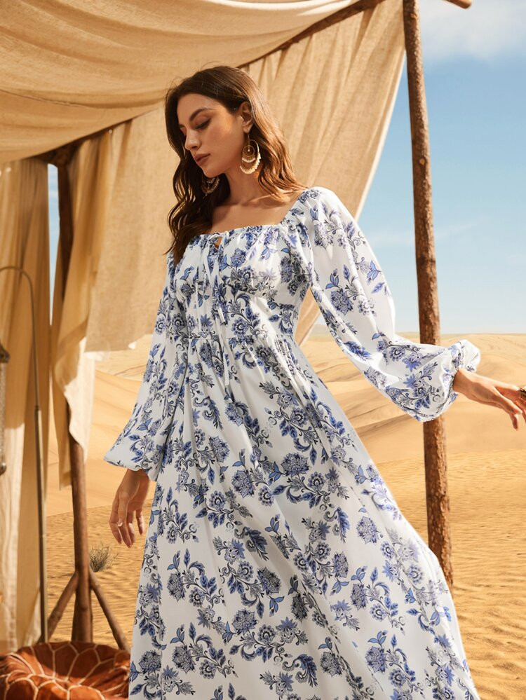 SHEIN Mulvari Floral Tie Neck Bishop Sleeve Dress | SHEIN