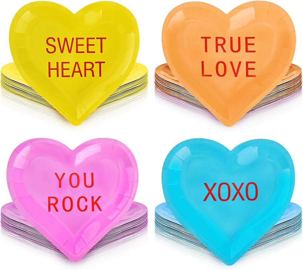 48 Pack Valentines Day Paper Plates Conversation Hearts Disposable Party Plates Tableware for Val... | Amazon (US)