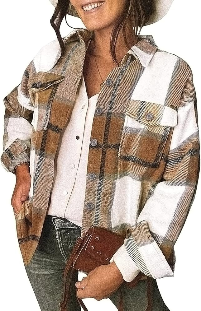 Womens Flannel Plaid Shackets Lapel Button Down Pocketed Long Sleeve Shirt Jackets | Amazon (US)