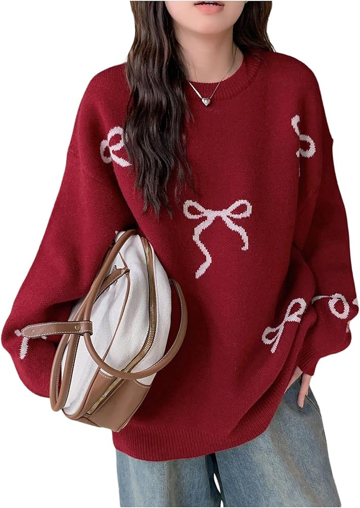 SOLY HUX Oversized Sweaters for Women Y2k Bow Print Crew Neck Drop Shoulder Long Sleeve Knit Pull... | Amazon (US)