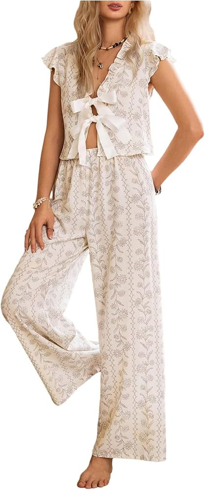Milumia Women's 2 Piece Pajama Set Floral Bow Tie Cap Sleeve Crop Top and Pants Sets Sleepwear | Amazon (US)