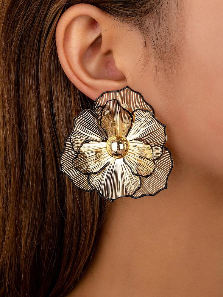 1 Par De Aretes Florales De Metal Dorado, Aretes Florales Esmaltados De Color Negro Para Mujeres, Aretes Florales Declarativos Para Joyería, Regalo Para San Valentín, Mamá, Madre, Día De La Madre | SHEIN