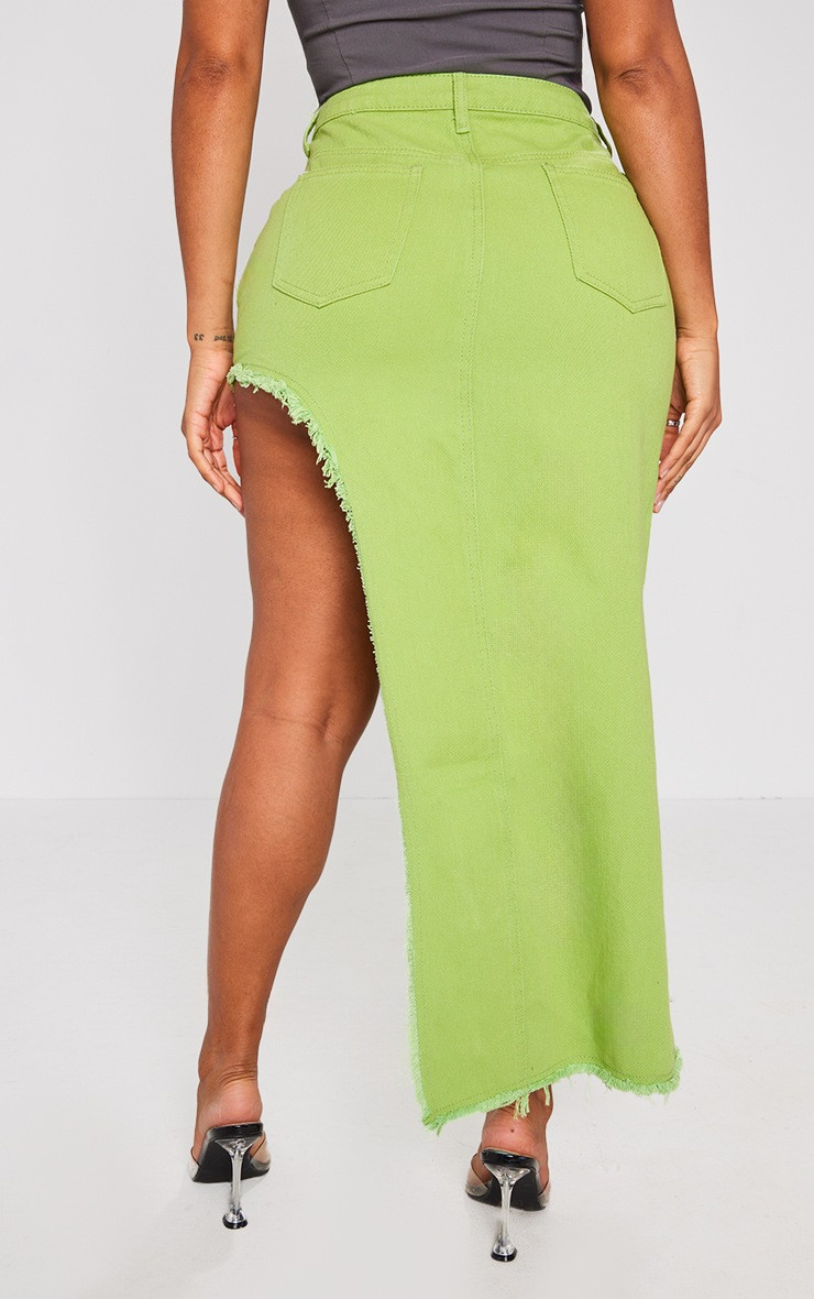 Shape Lime Green Denim Asymmetric Frayed Hem Midaxi Skirt | PrettyLittleThing US