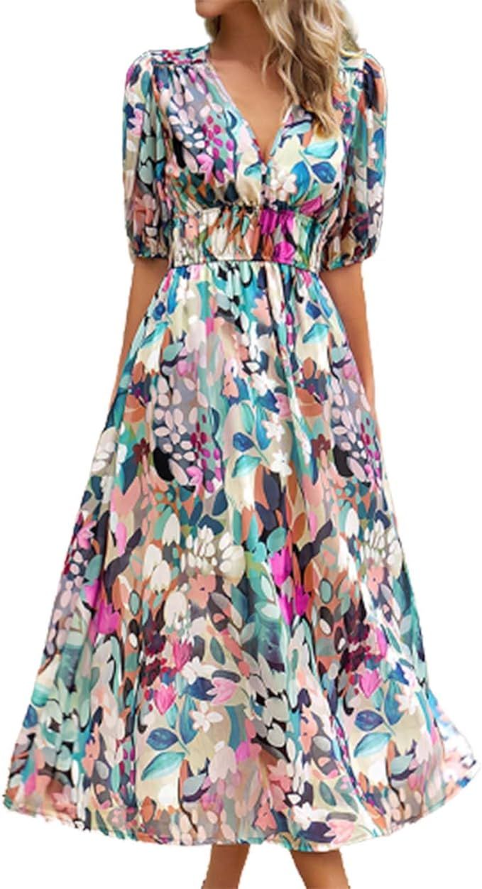 2023 Summer European and American Dress Temperament Waist V Neck Printed Long Dress Long Dress fo... | Amazon (US)