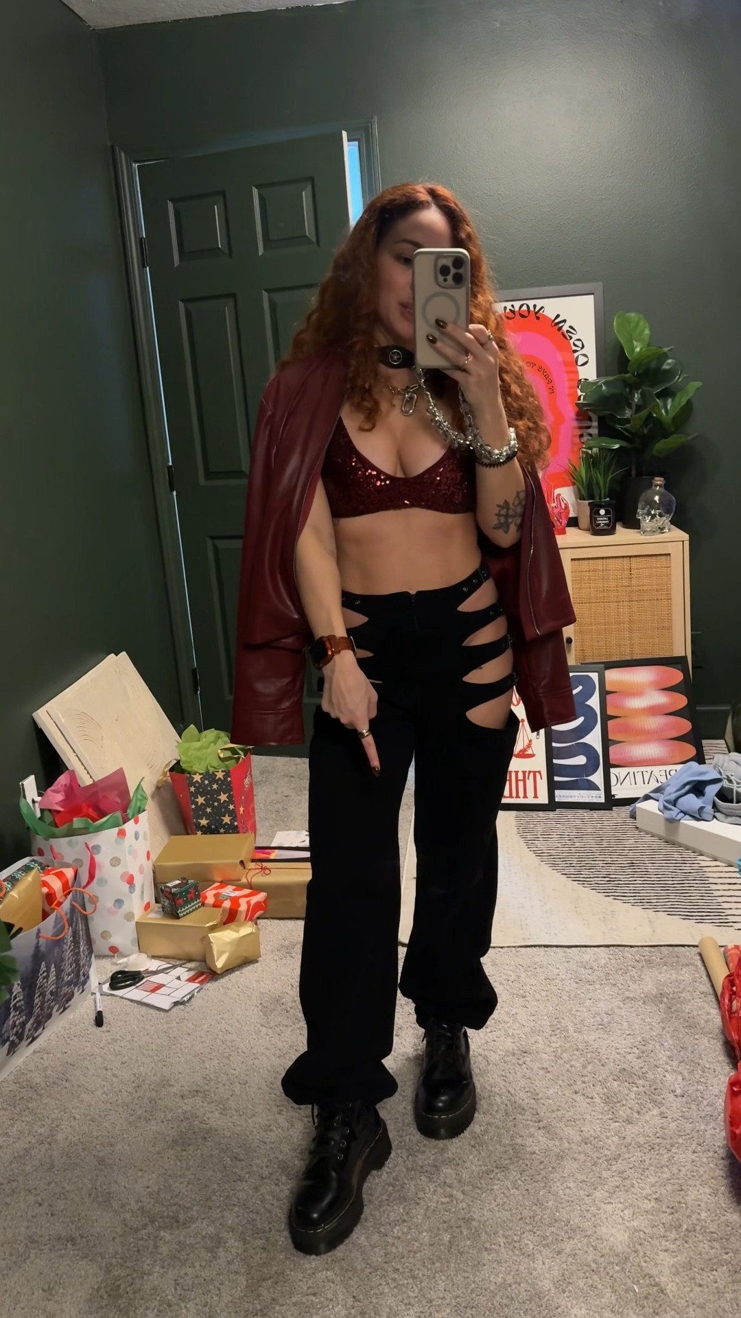 New Year’s Eve outfit and spa sequin red crop top bra bra let red maroon burgundy, leather jacket, cut out black pants doc martens Jadon platform boots music festival outfit inspo l ideas revolve fashion. Amazon finds last minute. 

#LTKStyleTip #LTKHoliday #LTKU