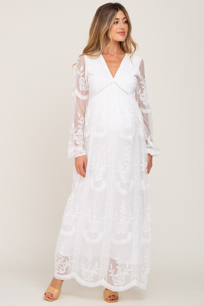 PinkBlush White Lace Mesh Overlay Long Sleeve Maternity Maxi Dress | PinkBlush Maternity