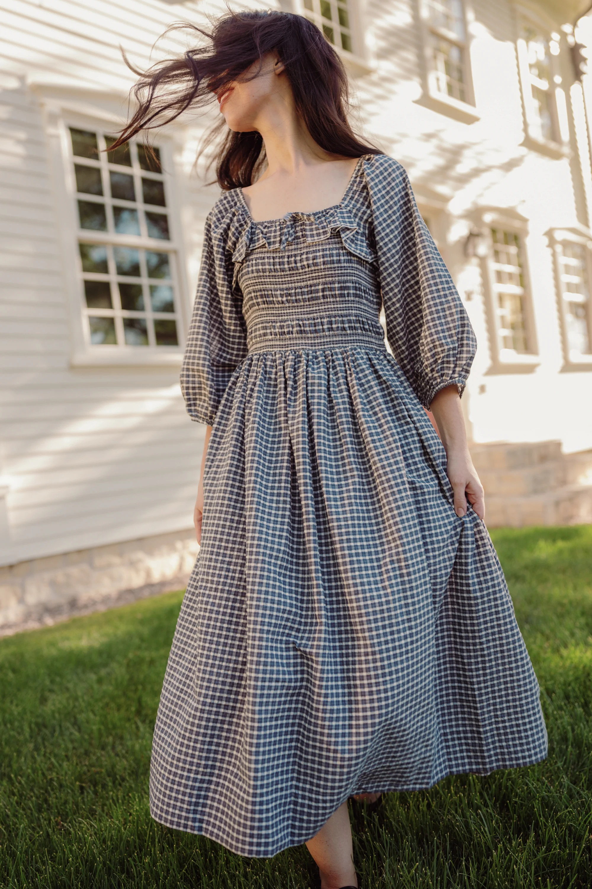 Mae 3/4 Sleeves Dress in Prussian Blue Plaid XL | Ivy City Co
