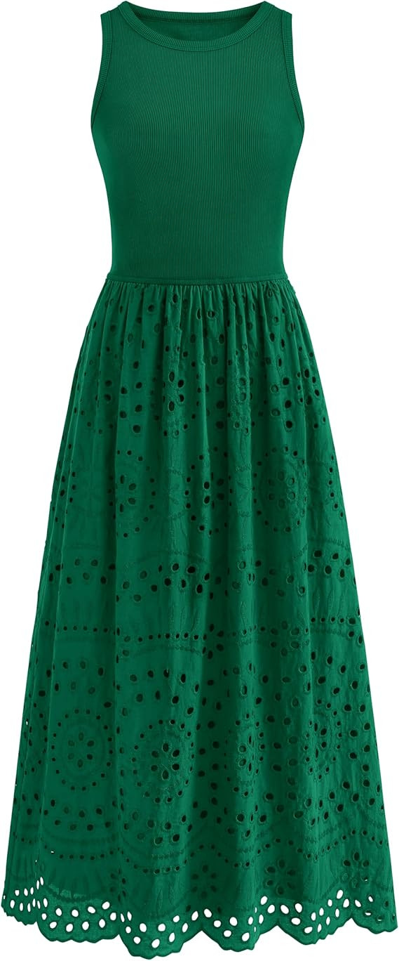 dowerme Women Summer Dresses 2026 Casual Sleeveless Crewneck A-Line Boho Lace Eyelet Cotton Tank ... | Amazon (US)