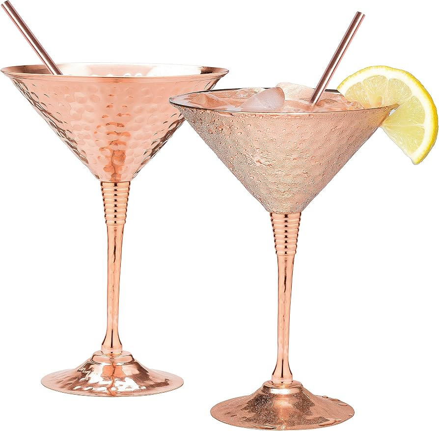 Copper martini glasses set of 2-9.5oz - with 2 copper straws. Hand hammered replacement for Mosco... | Amazon (US)