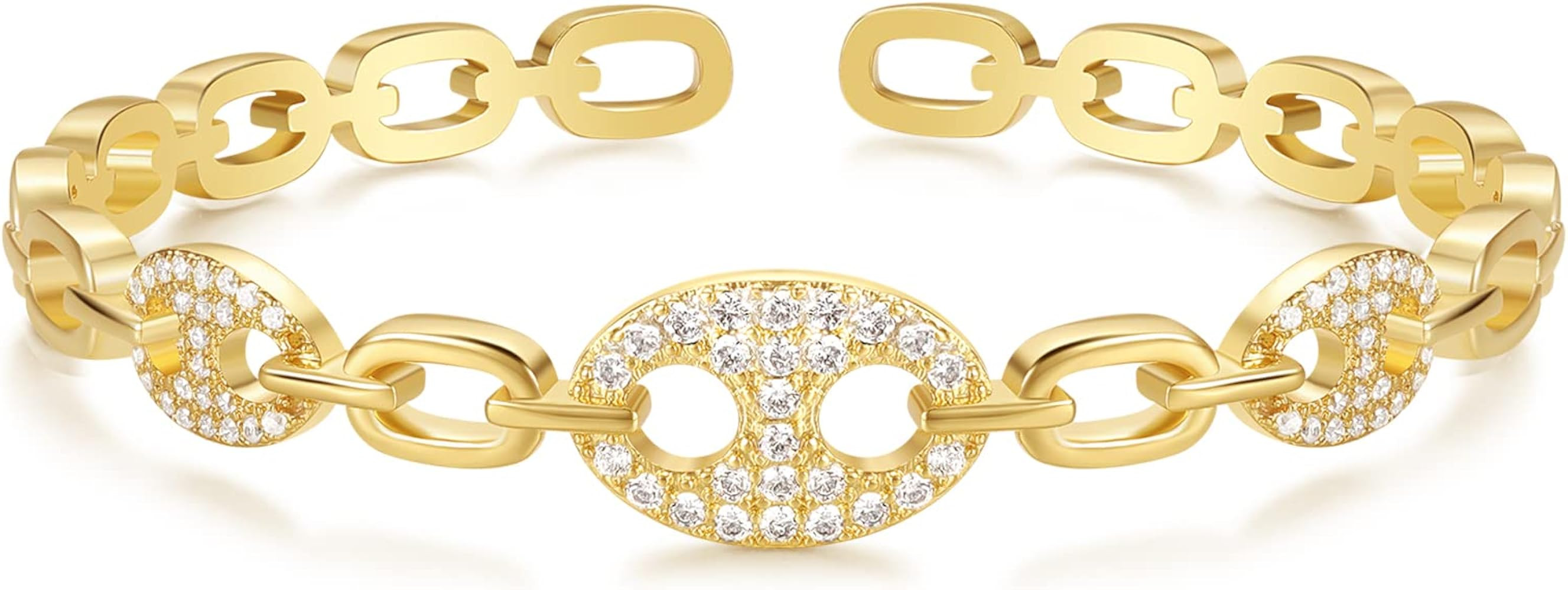 KissYan Gold Cuff Bangle Bracelets for Women, 14K Gold Plated Adjustable Open Cuff Bracelet Flat ... | Amazon (US)