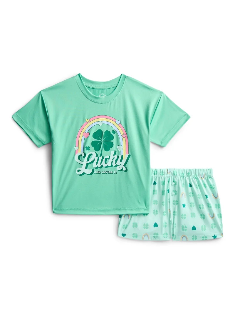 Wonder Nation Girls Short Sleeve Tee and Shorts Pajama Set, 2-Piece, Sizes 4-18 | Walmart (US)