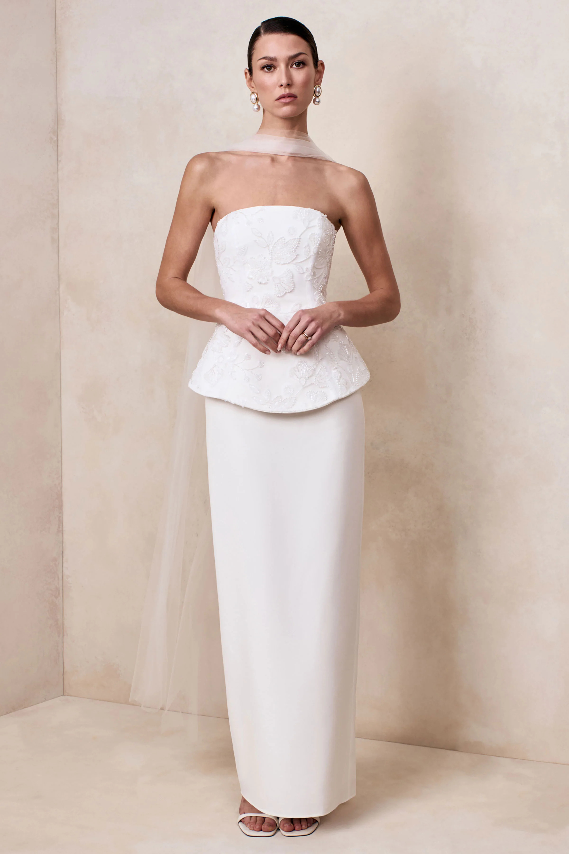 Naira | White Satin Bandeau Corset Maxi Dress With Sheer Scarf | Club L London