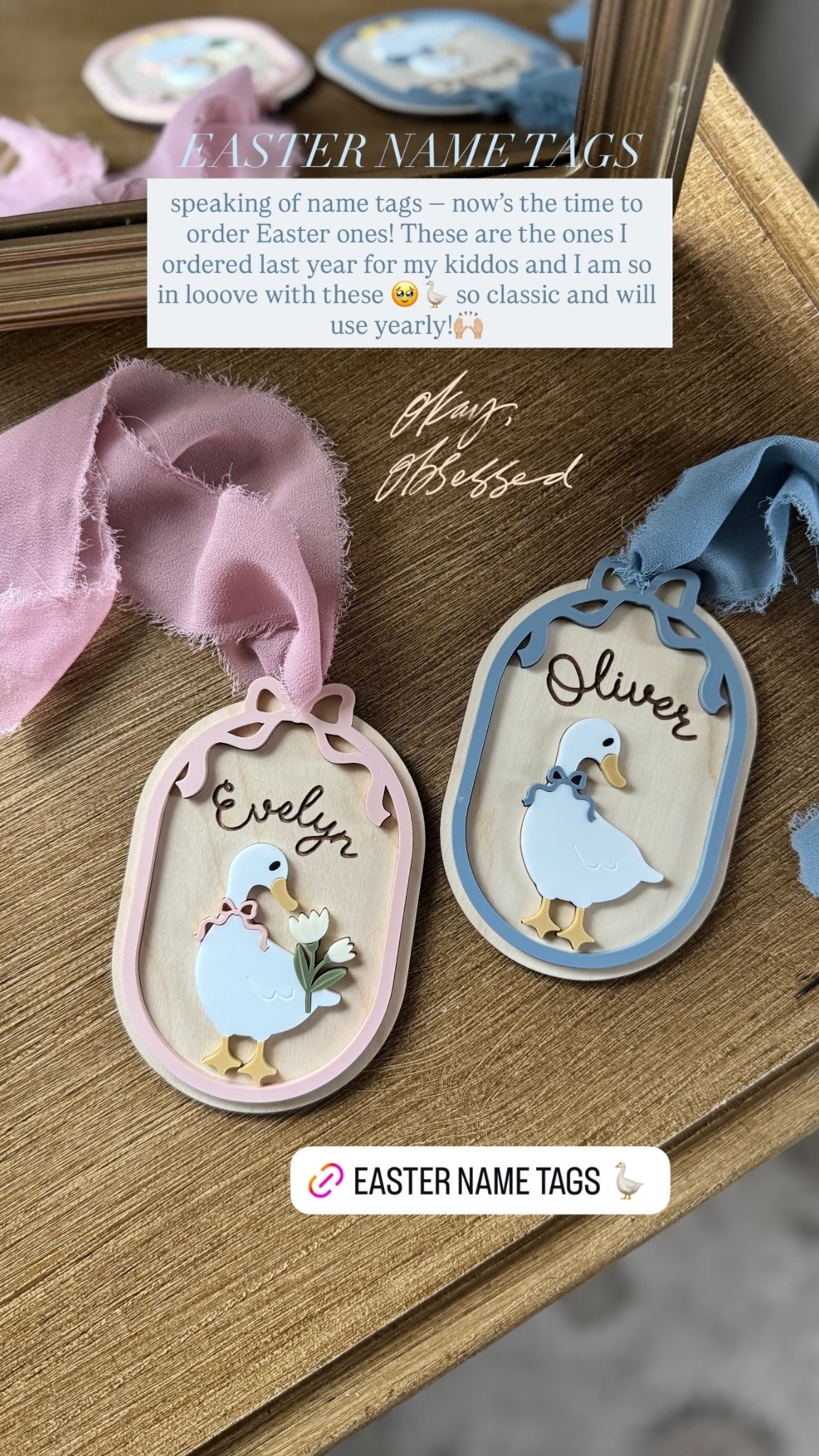 speaking of name tags — now’s the time to order Easter ones! These are the ones I ordered last year for my kiddos and I am so in looove with these 🥹🪿 so classic and will use yearly!🙌🏼 EASTER NAME TAGS