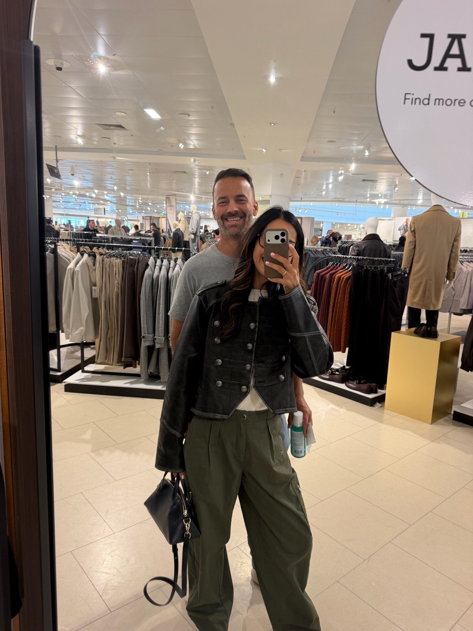 Vegan leather military style jacket. I sized up to a medium. Cargos are size 8.