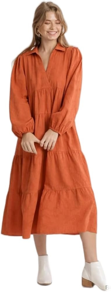 Umgee Textured Long Sleeve Collar Split Neck Tiered Maxi Dress | Amazon (US)