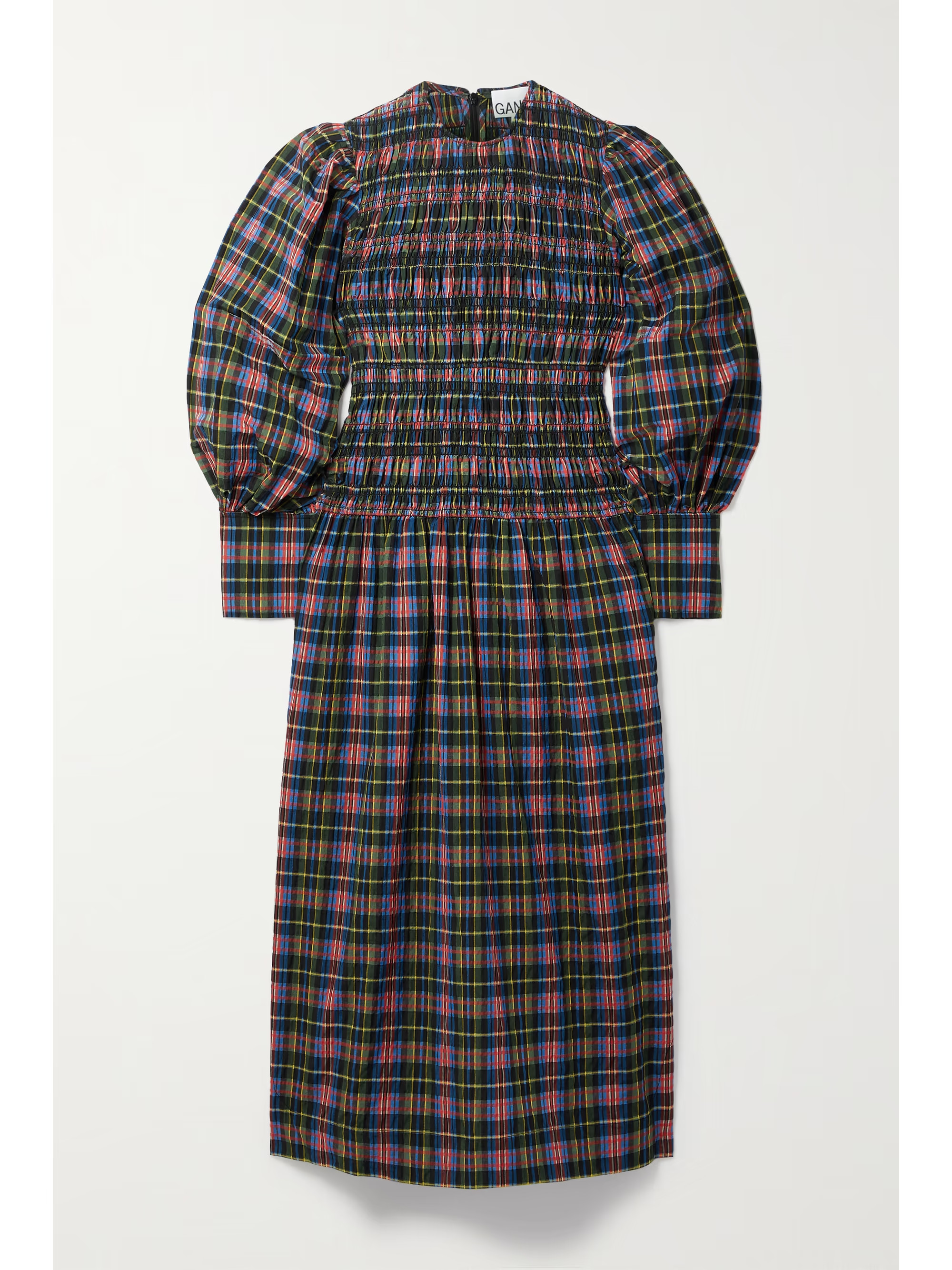 Navy Shirred checked organic cotton-blend seersucker midi dress | GANNI | NET-A-PORTER | NET-A-PORTER (US)